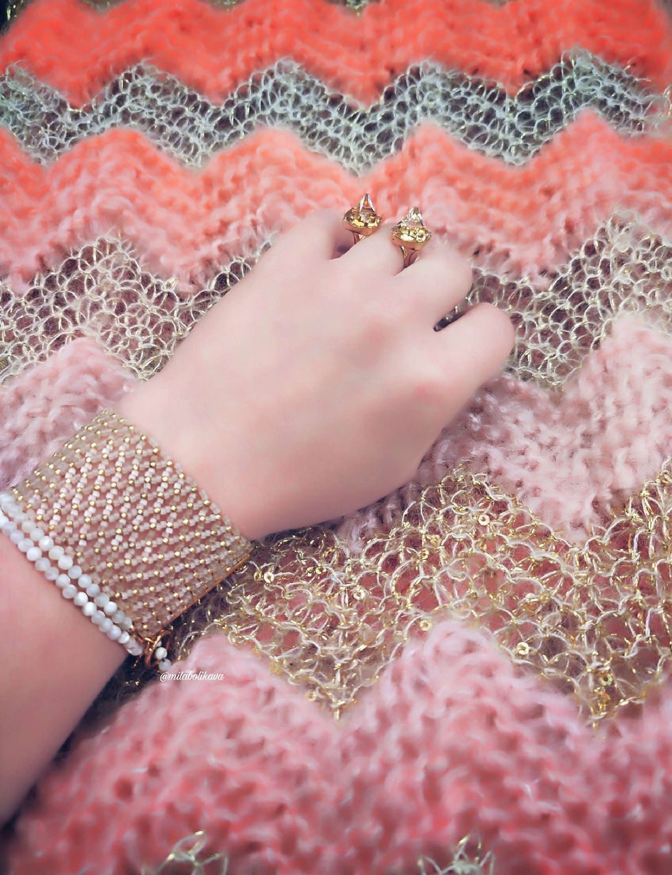 Thumbnail: Peach/Pink and Golden scarf 195×36cm