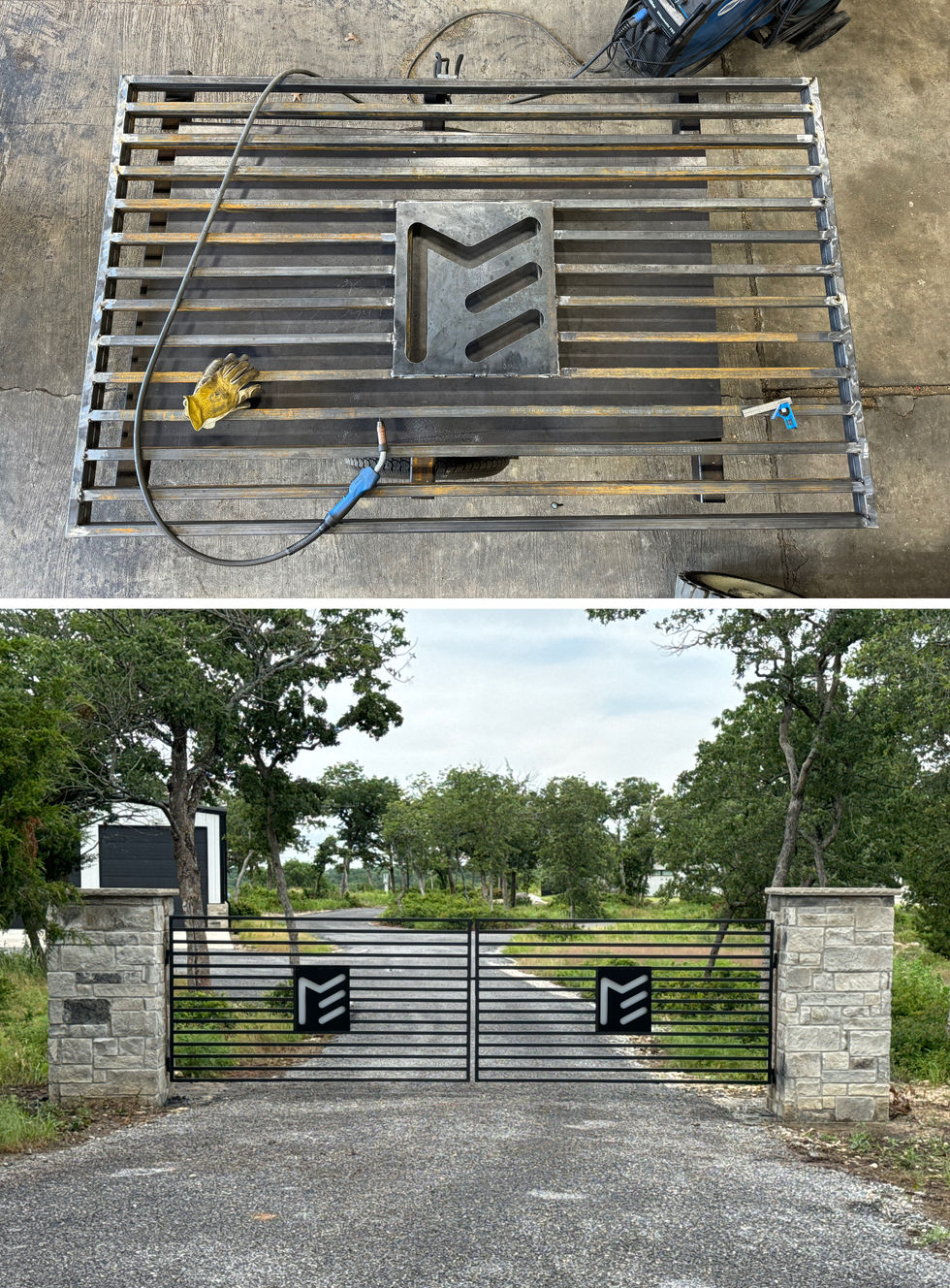 A metal gate with a geometric cutout design, crafted through custom fabrication, is shown in a workshop (top), then installed at the entrance of a driveway between two stone pillars (bottom), surrounded by trees and greenery.