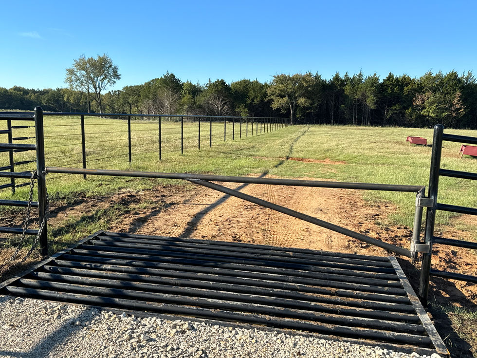 A pasture gate and cattle guard, part of custom entrances, block a gravel road leading into a grassy fenced pasture with trees in the background under a clear blue sky.