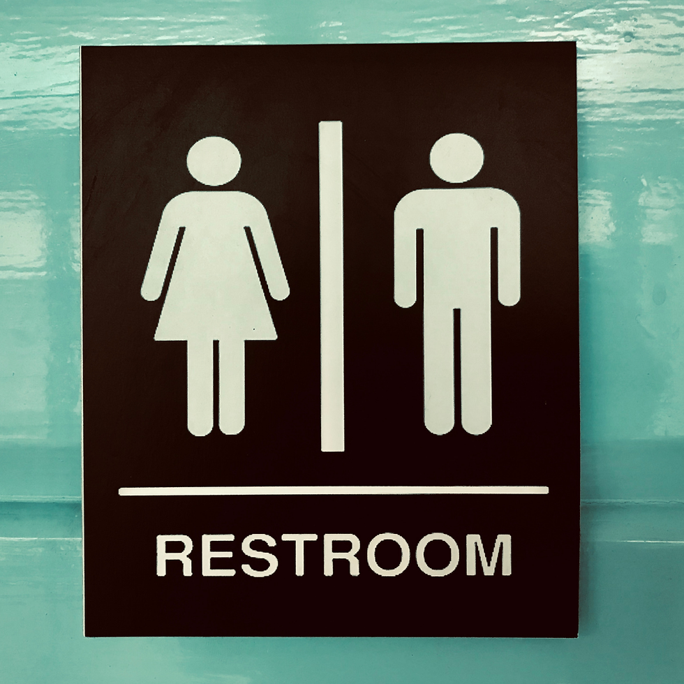 Restroom sign with female and male icons on a dark brown panel against a turquoise wall.