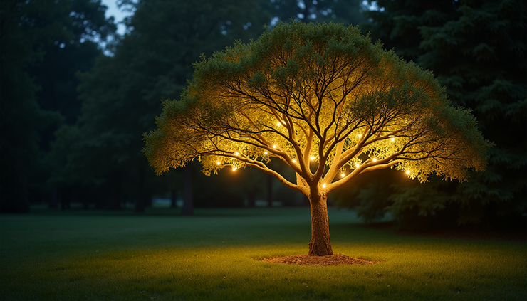 Close-up view of a garden tree illuminated by warm uplighting