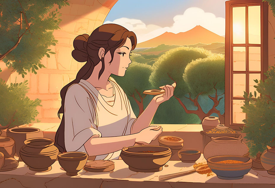 Brown hair brown eyed pythia cooking a ancient recipe in ancient greece .jpg