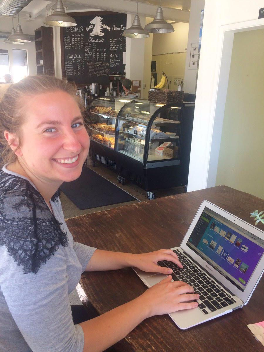 Find an inspirational spot and email your references to guide their letters. <alum Alyssa Los working hard at a favorite coffee shop in San Luis Obispo>