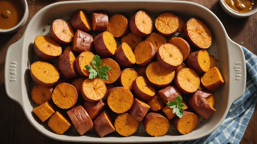 High angle view of a serving dish filled with maple glazed sweet potatoes