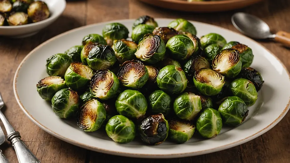 Eye-level view of a plate of roasted Brussels sprouts