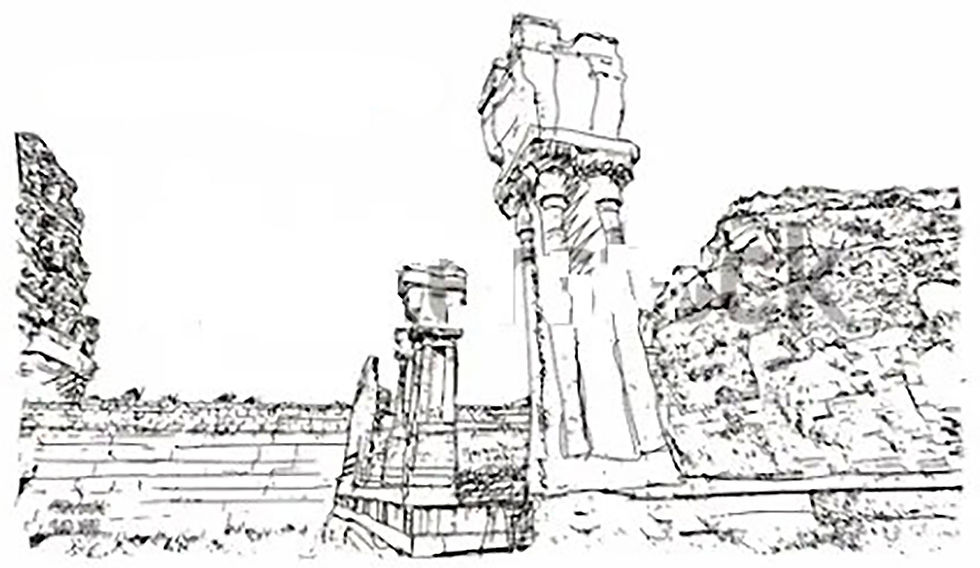 Sketch of ancient ruins, pillars, and stonework