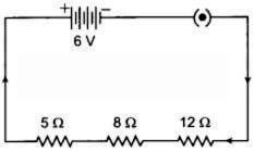 Diagram showing 6V battery, 5Ω, 8Ω, and 12Ω resistors