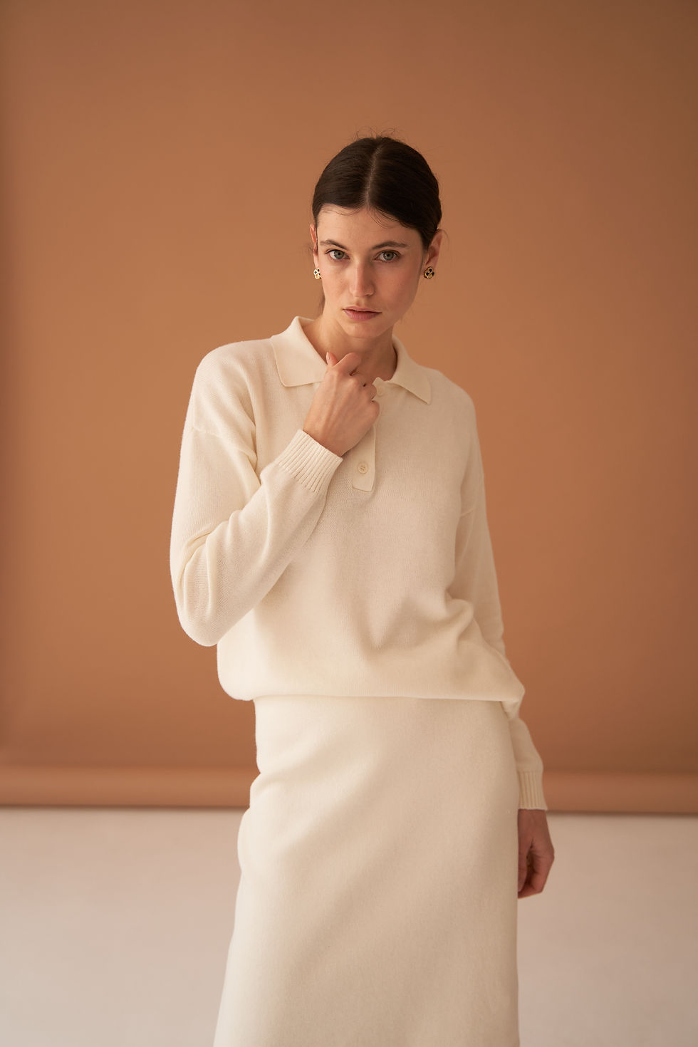 Thumbnail: Ivory cotton cashmere polo sweater