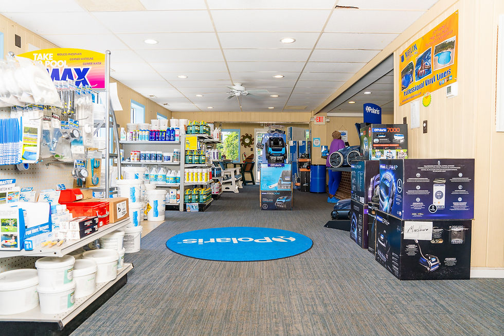 Inside Marlboro Pools showroom featuring pool supplies and accessories