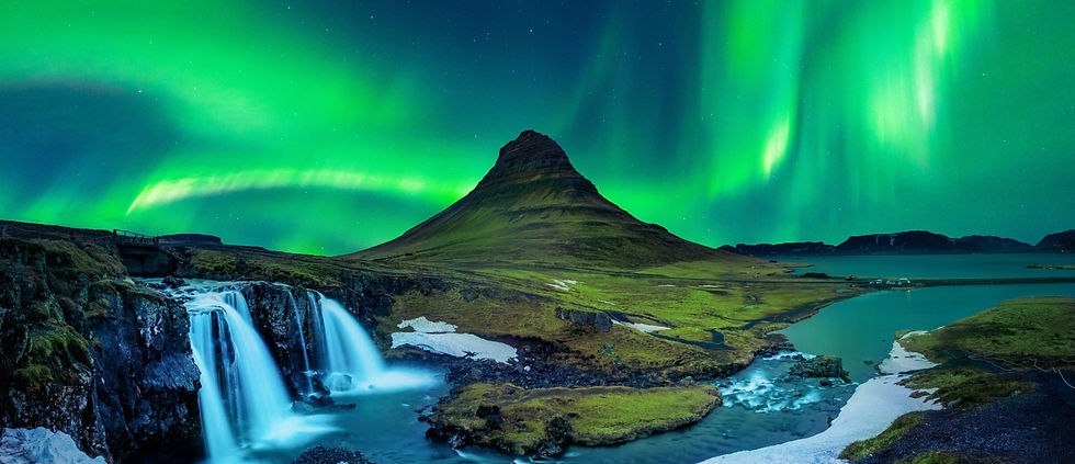 Northern Lights over Kirkjufell mountain, Iceland. Green aurora borealis, vibrant night sky with waterfall in foreground. Serene mood.