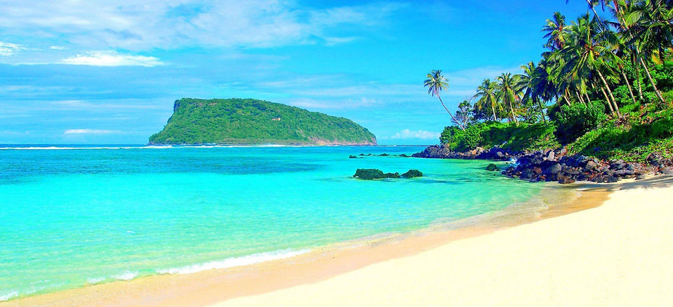 Tropical beach with turquoise water, palm trees, and a lush green island in the background under a clear blue sky. Peaceful and serene setting.