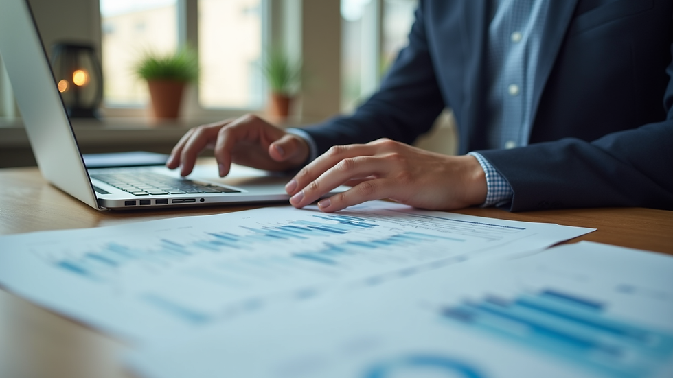 Eye-level view of accountant working with financial reports and laptop