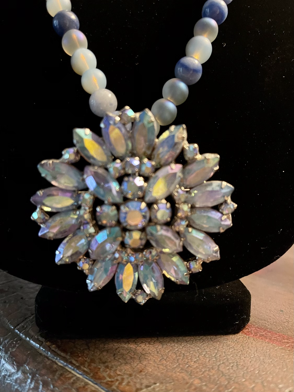 Thumbnail: 1960s Blue Gemstone Round Antique Brooch with beautiful shades of stone beads.  