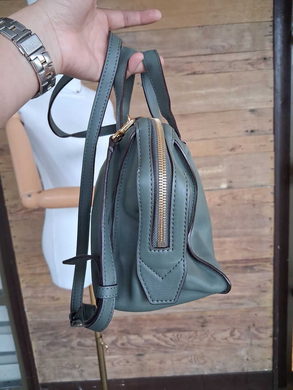 Thumbnail: COURONNE Green Leather Boston Bag