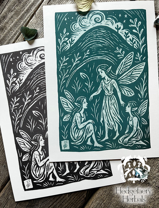 Thumbnail: Under the Hollowed Hill Art Print, Linocut Faery Drawing, Celtic Pagan Wall Art