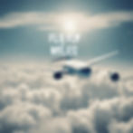 Airplane flying above clouds with text "Fly Miles" in bold white font. Sunlight filters through the cloudy sky, creating a calm mood.