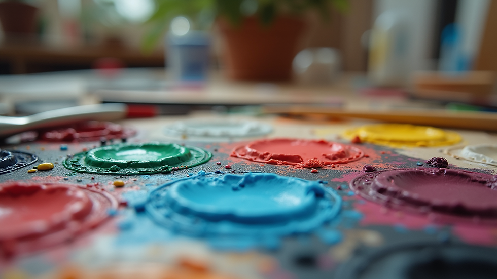 Close-up view of a colourful art kit with paints and brushes