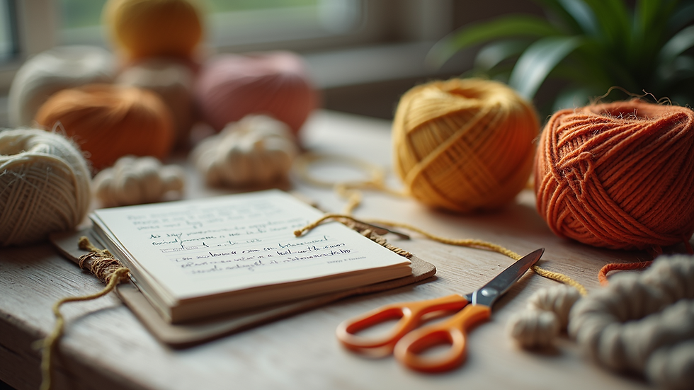 Eye-level view of a crafting table with yarn, scissors, and macramé cords