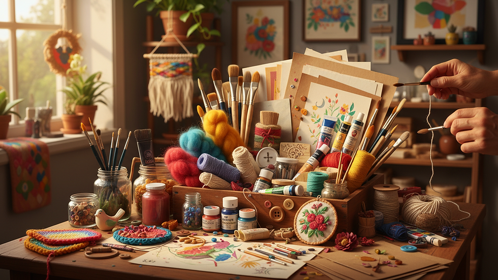 Close-up view of colourful art supplies neatly arranged in a box