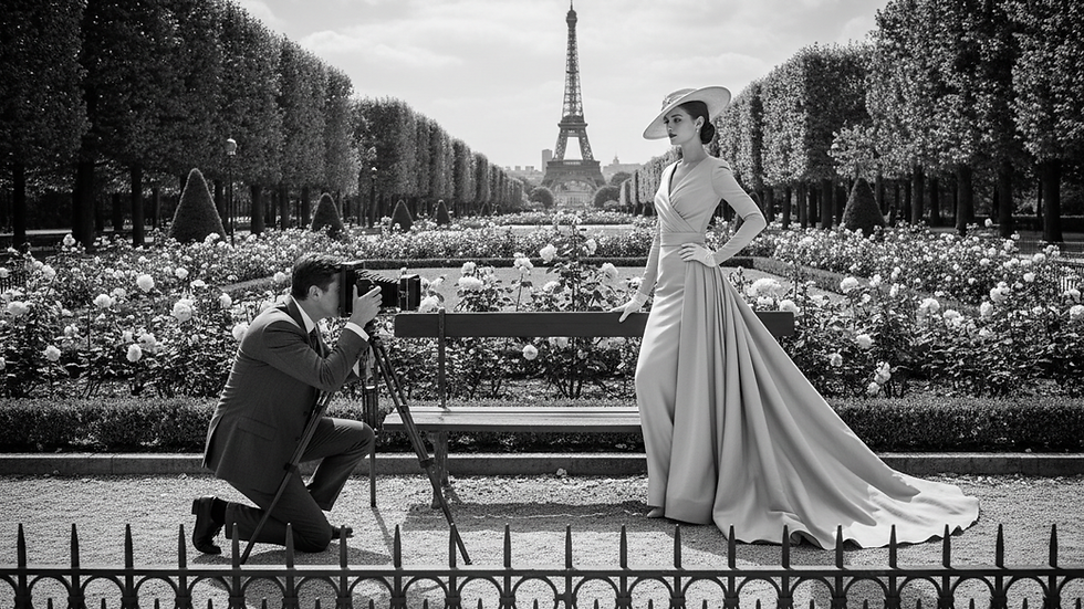 Vue en plongée d’un photographe capturant un modèle dans un parc parisien