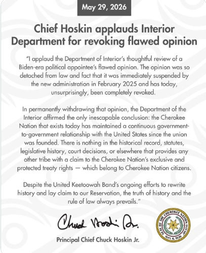  https://anadisgoi.com/index.php/government-stories/chief-hoskin-issues-statement-on-u-s-department-of-interior-dismissing-its-flawed-opinion-and-reaffirming-cherokee-nations-exclusive-rights-across-the-cherokee-nation-reservation 
