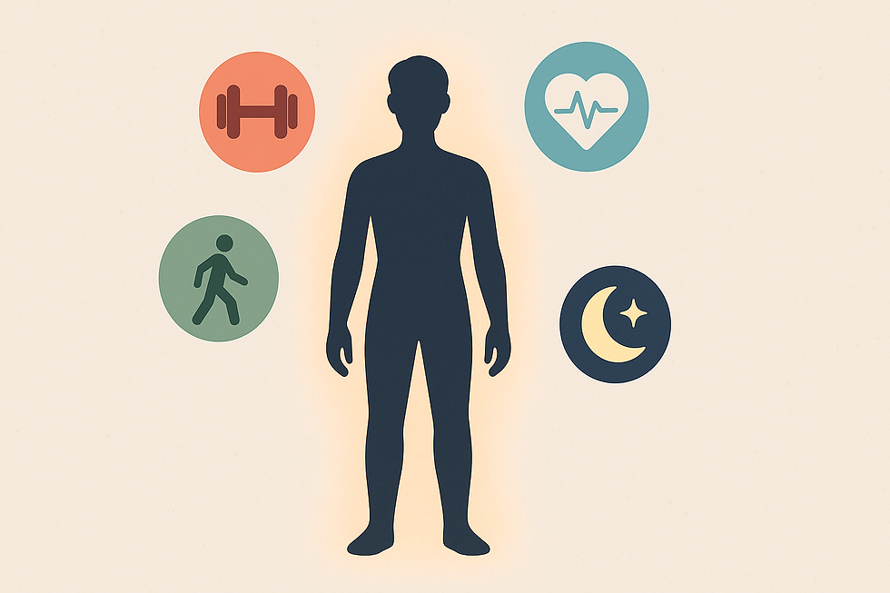 Silhouette of a person surrounded by icons of exercise, health, walking, and night. Icons show a barbell, heart, walker, and moon. Light background.