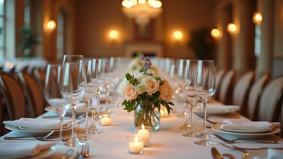 Eye-level view of a beautifully arranged wedding reception table