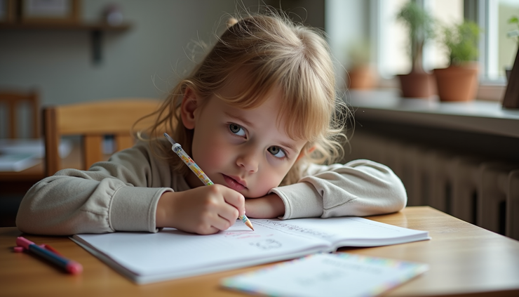 Eye-level view of a child focusing on a homework assignment at a desk