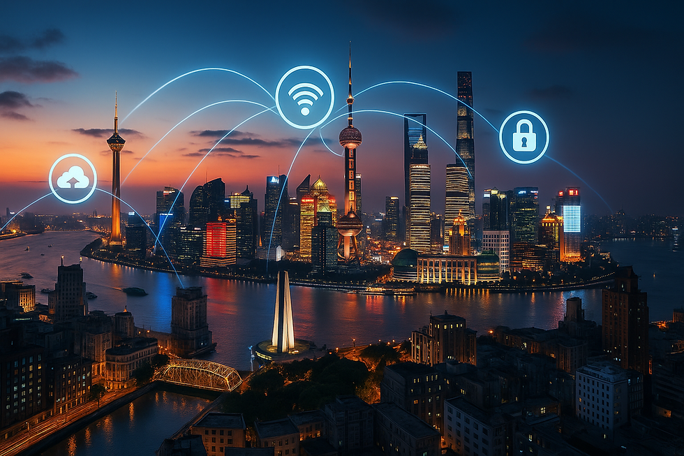 A photo-realistic digital composite image showing a dynamic cityscape representing Asia-Pacific cities like Singapore, Tokyo, and Shanghai. Skyscrapers glow with data streams and light trails symbolizing high-speed connectivity. In the background, stylized elements of data centers, AI neural networks, and 5G towers illustrate the region’s rapid transformation into a global digital infrastructure hub.