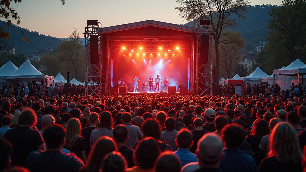 High angle view of a pop-up event crowd gathered around a stage in an urban outdoor setting