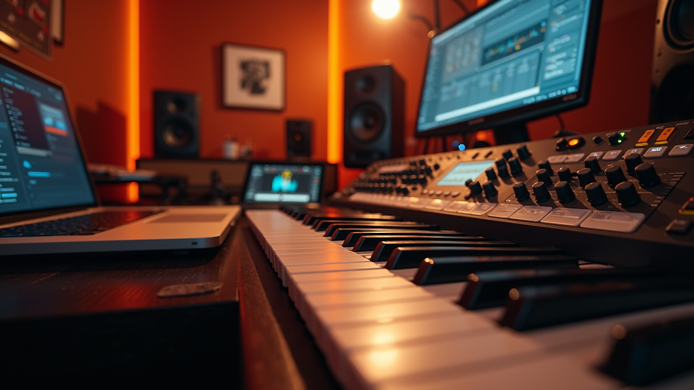 Eye-level view of a music studio setup with recording equipment and a laptop