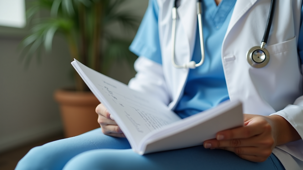 Close-up view of a caregiver reading educational materials on caregiving