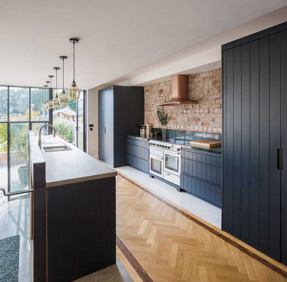 Herringbone floor kitchen concrete counter