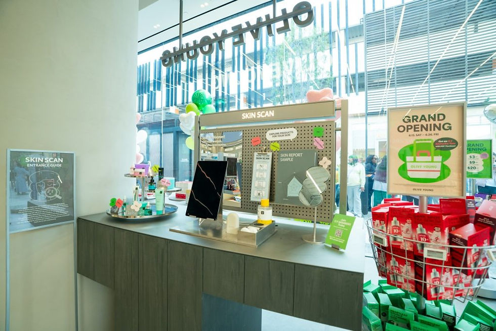 Becon scanner and AI skin analysis solution installed in the Skin Scan Zone at the Olive Young LA Century store.