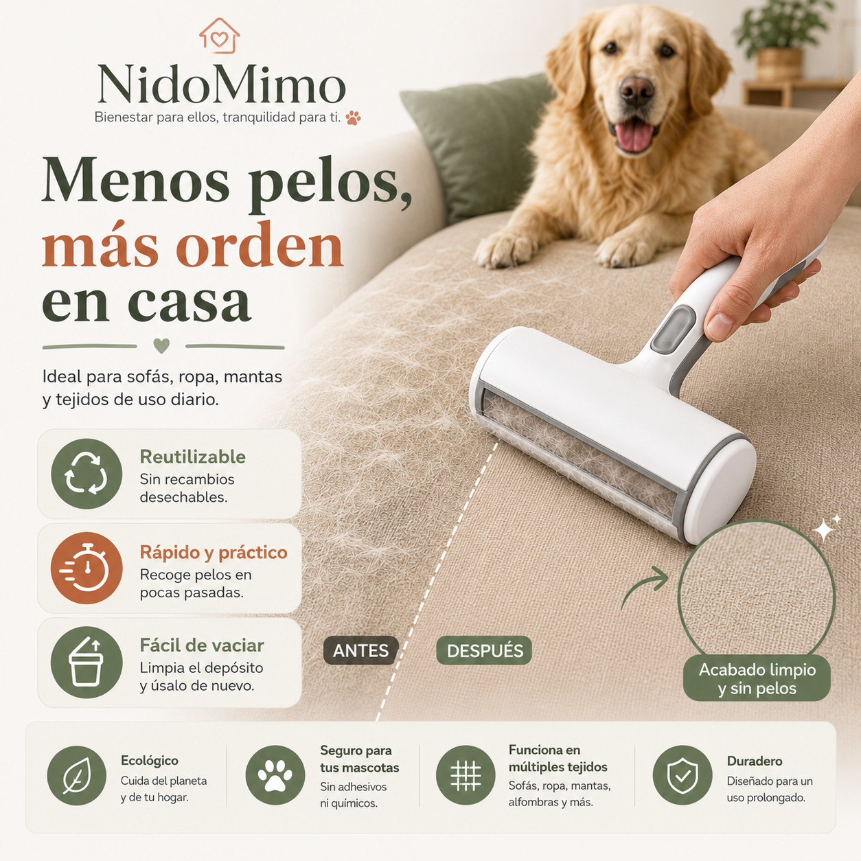 Rodillo reutilizable para eliminar pelos de mascotas