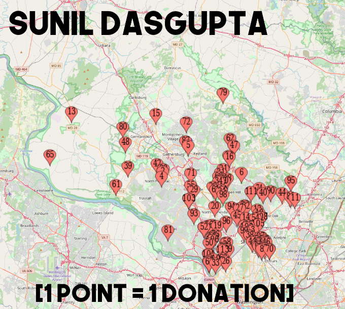 This image is a map of Sunil Dasgupta's contributions in Montgomery County, MD. The map shows contributions across the county, but mainly concentrated in the Silver Spring and Rockville areas.