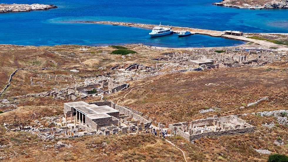 Birds-eye view of Delos Island with all it's ruins