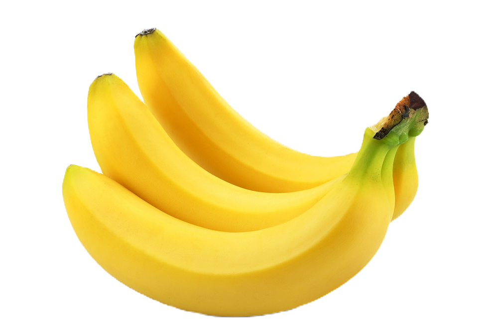 A bunch of three ripe, yellow bananas with smooth skin and a slightly green stem, isolated on a white background