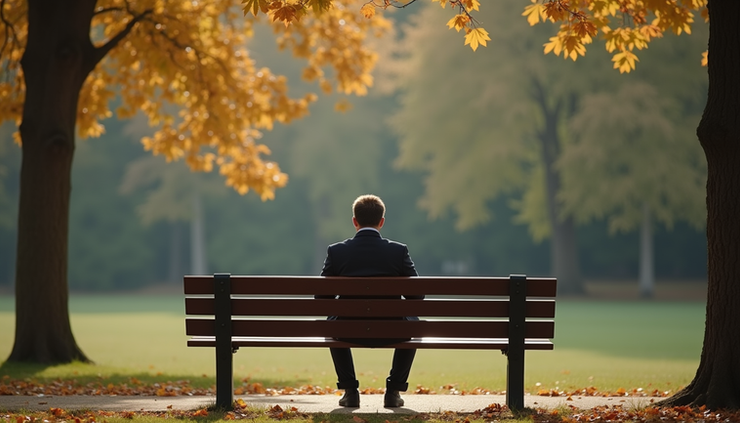 Eye-level view of a single person sitting alone on a park bench, looking thoughtful and reflective