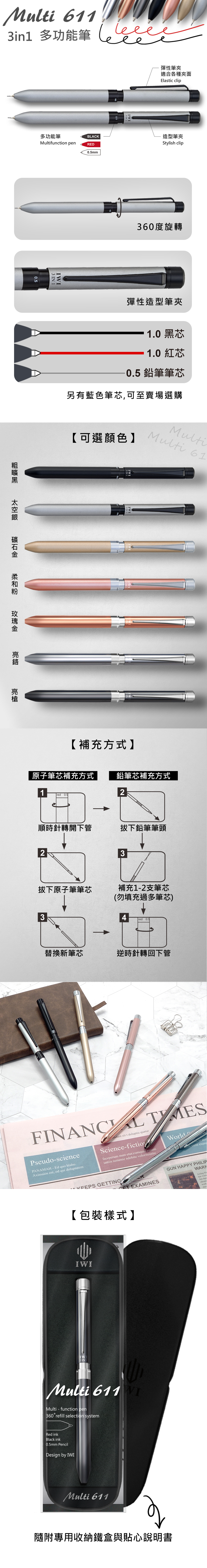 【IWI】Multi 611 Series 3-in-1 multi-function pen - Ballpoint & Gel Pens - Other Metals Multicolor