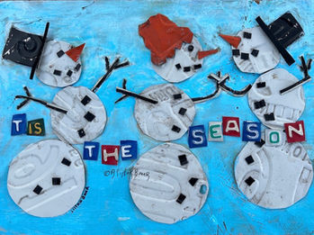 License Plate Art shows Dancing Snow Men with T'is the Season -- Holiday Card