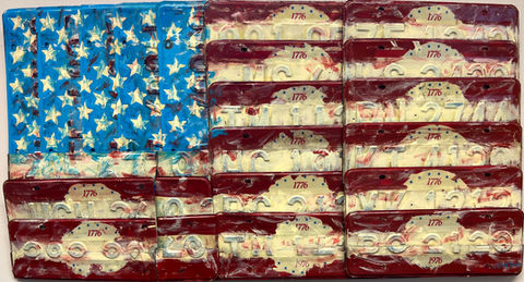 License plate art that recreated the American Flag with license plates.