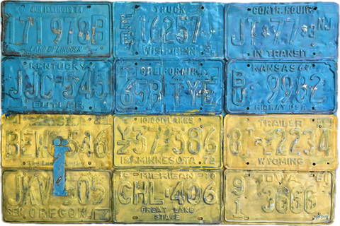 Ukrainian Flag art work created with salvaged license plate.