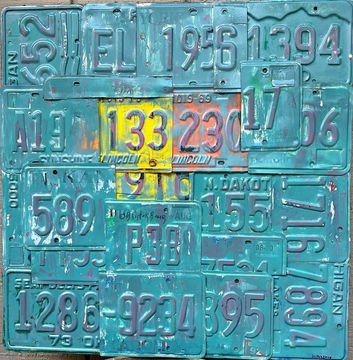 Original License Plate Art by barb Sistak Baur that has many state license plates cut up and arranged on a 24x24 board and coated with a blue acrylic paint.