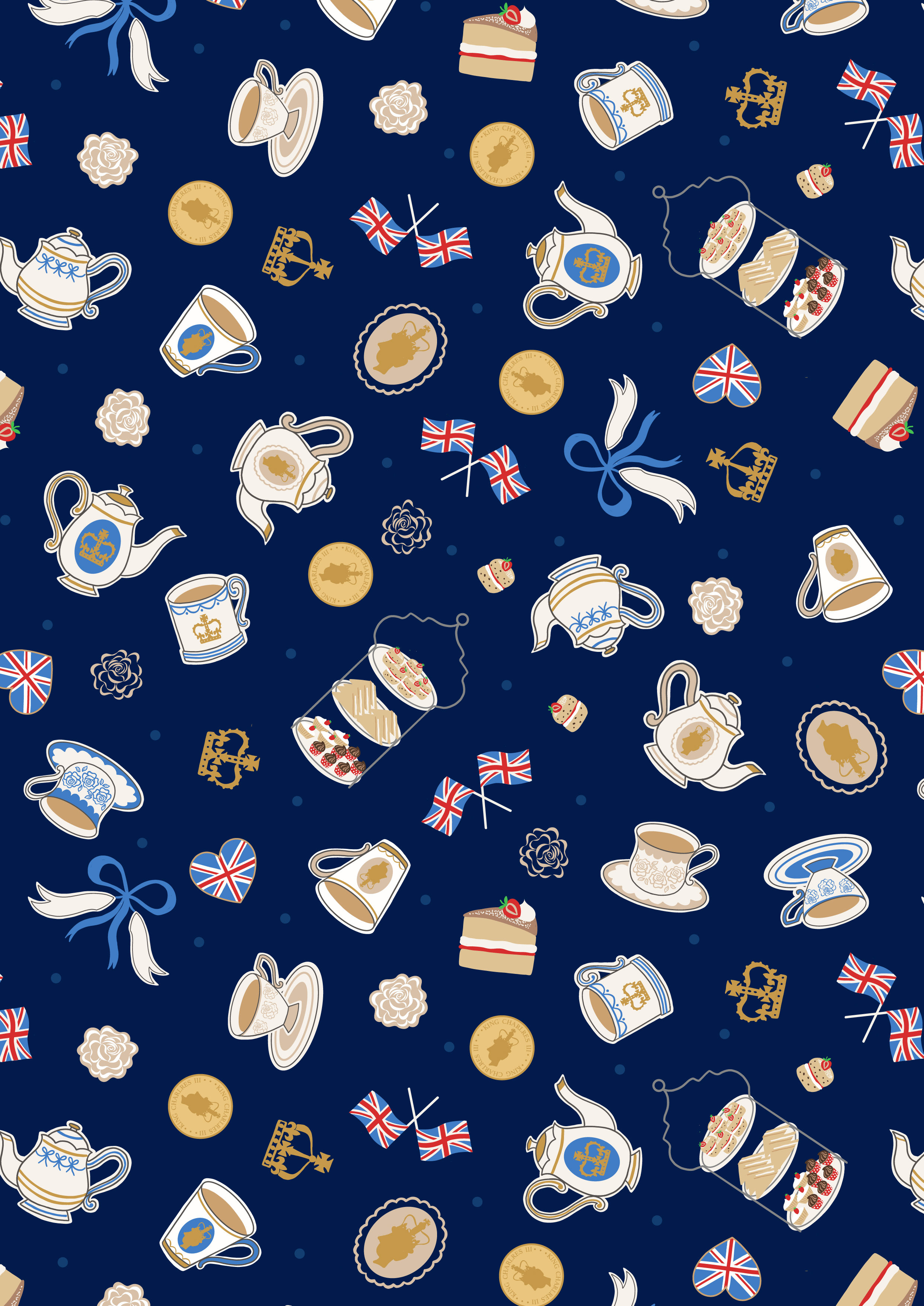 Tea Party on Dark Blue with Gold Metallic - Coronation Day - Lewis and Irene