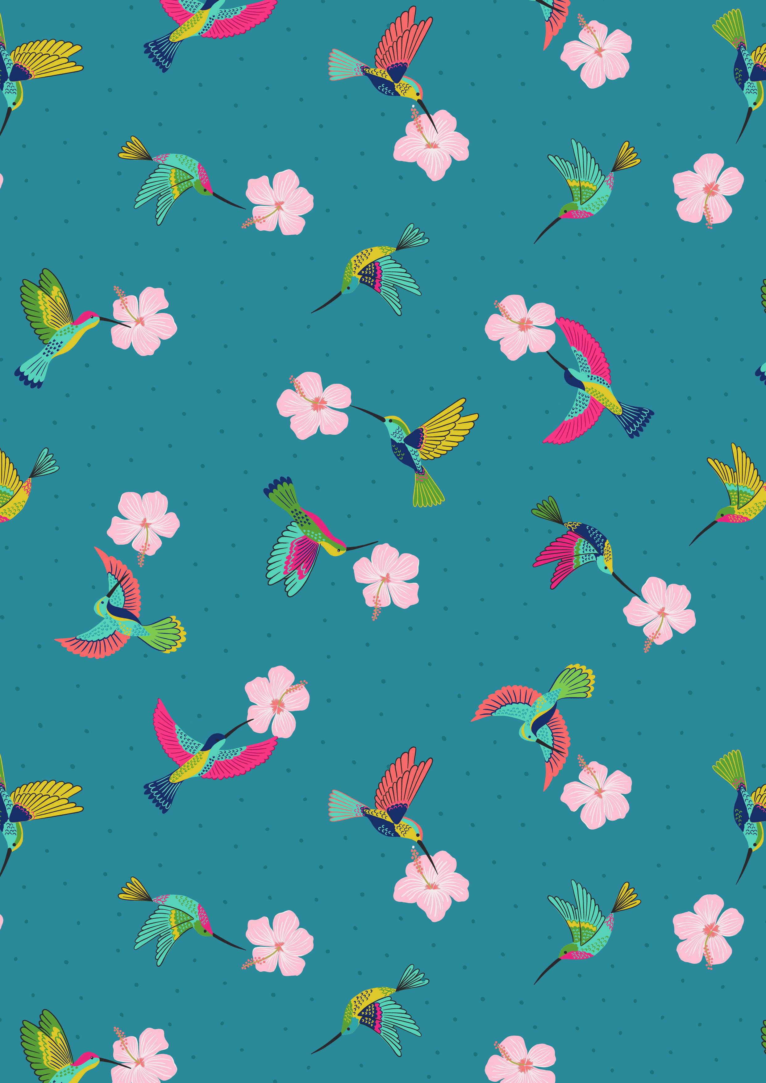 Scattered hummingbirds on tropical blue - Hibiscus Hummingbird - Lewis & Irene