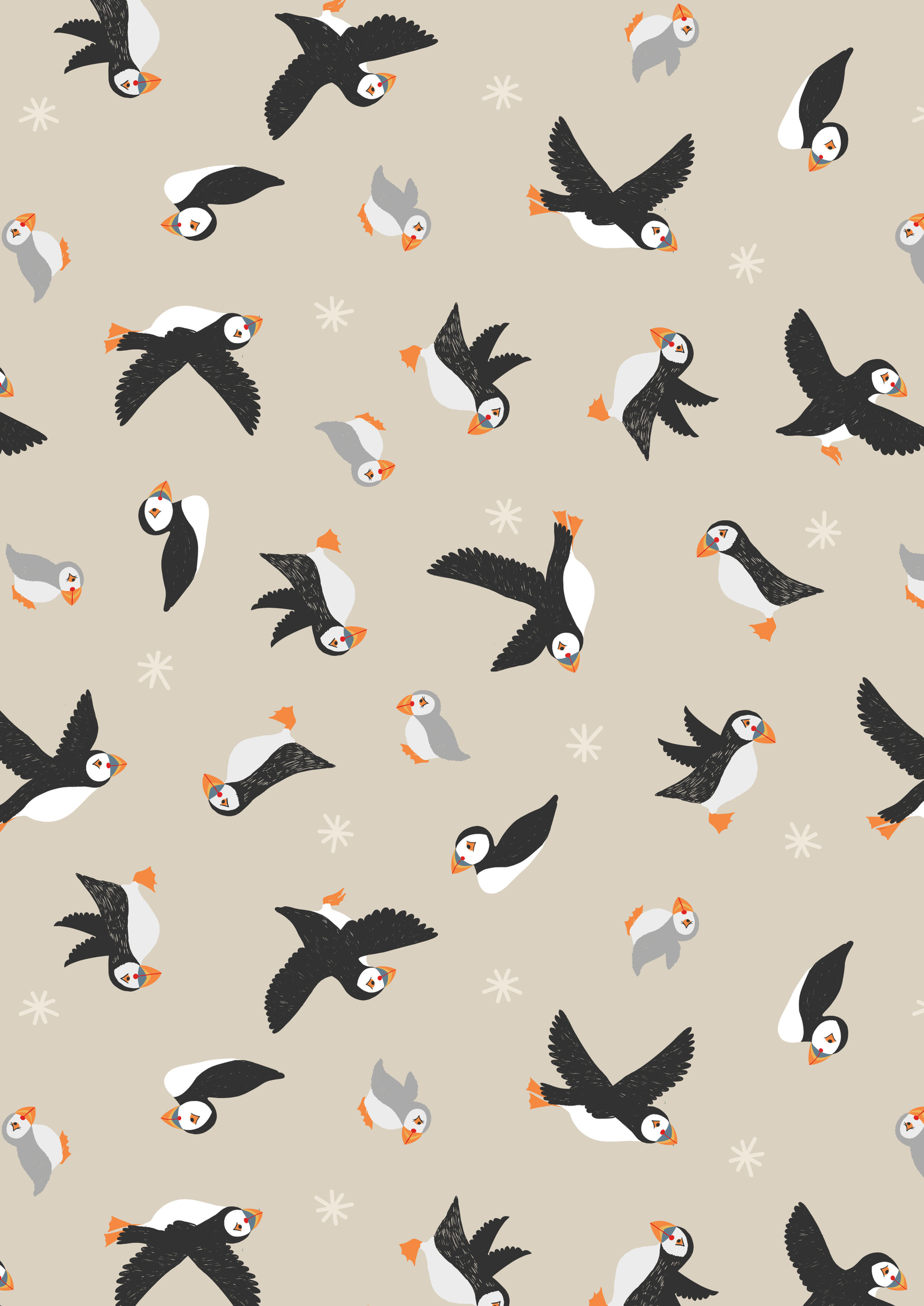 Puffins on Dark Cream