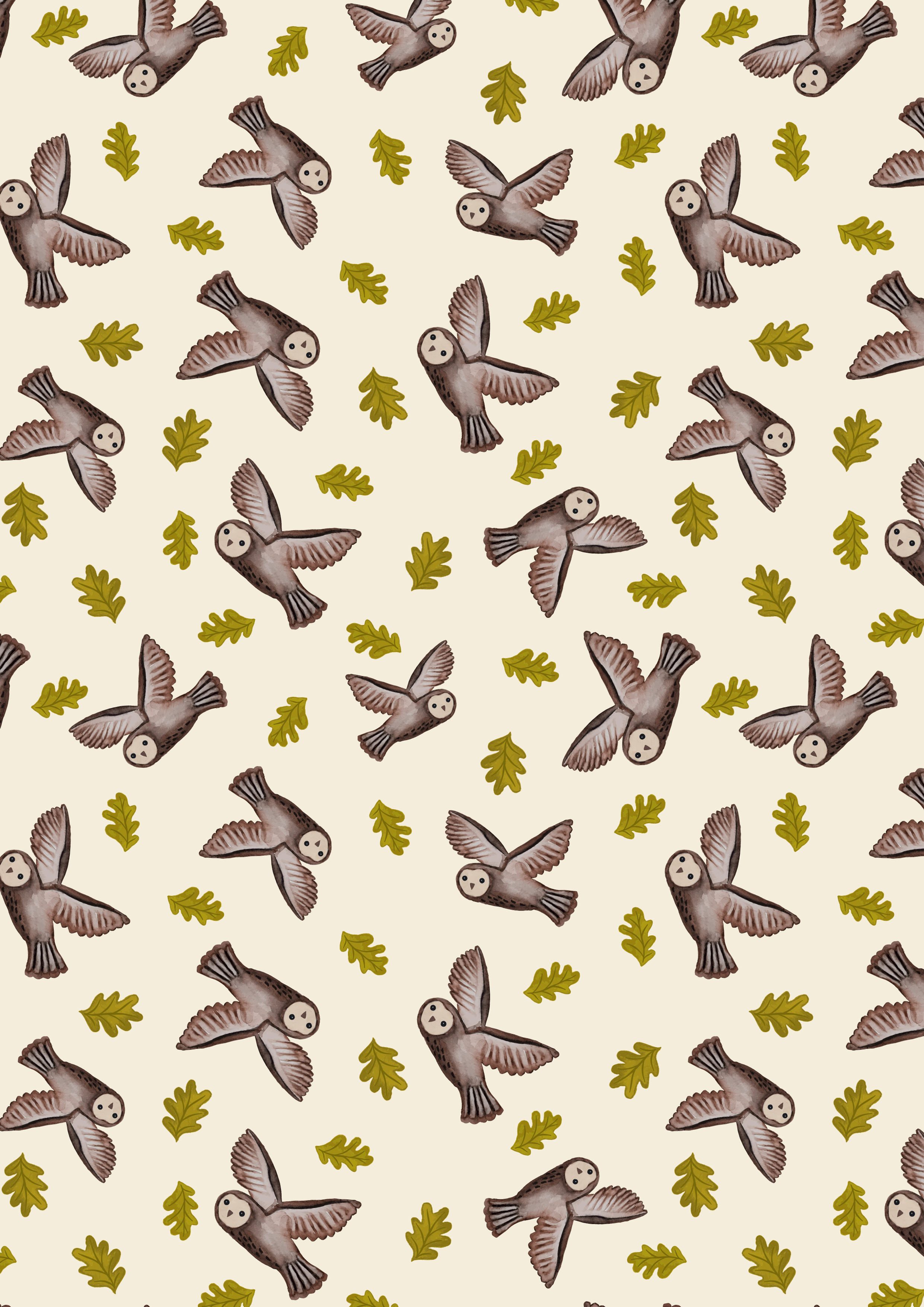 Flying Owl on Dark Cream - Old Quercus - Lewis and Irene