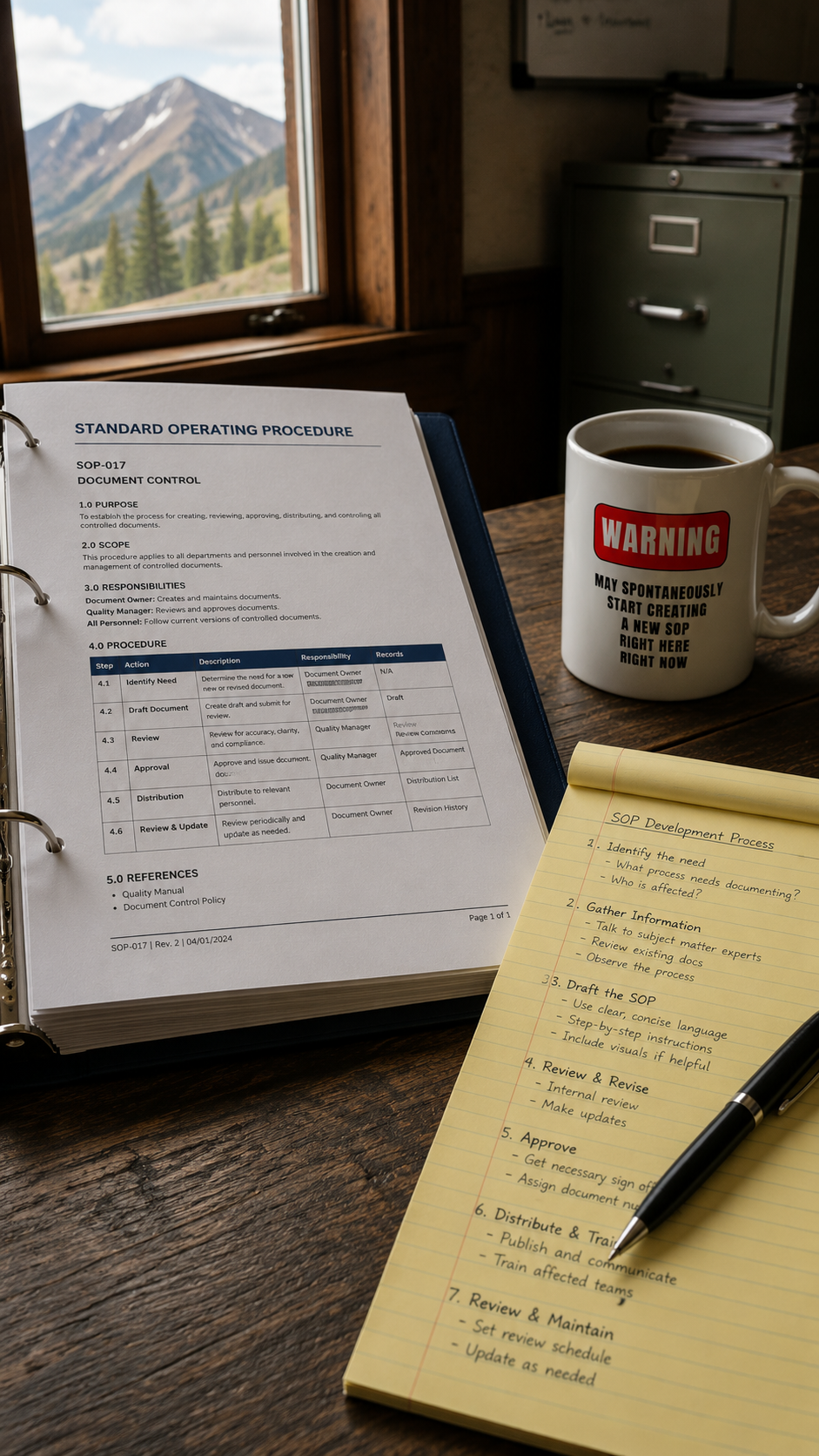 Policy SOP Desk Guide and Manual creation binder, notepad, coffee.