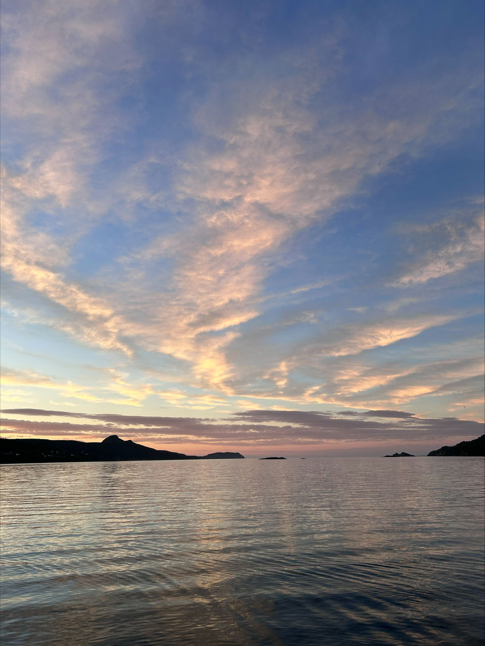 Dusk at Southern Cove Beach. Pale pink hued clouds lace across a blue sky. The silhouette of the rocks that form the mouth of Southern Cove are visible along the horizon. The ocean in the foreground is calm. Photo by Taylor Reid on June 21st, 2024.